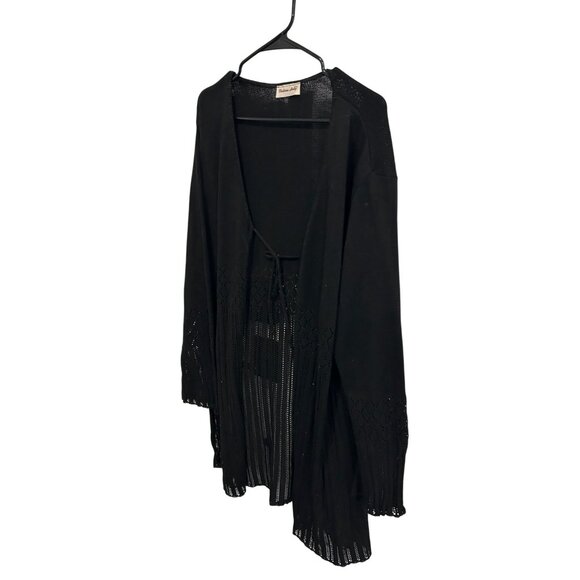 Victoria Holly Black Open Front Knit Cardigan Tie Closure Diamond Pattern Design - Picture 3 of 8